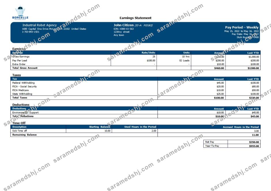 industrial robot company payslip in Word and PDF formats